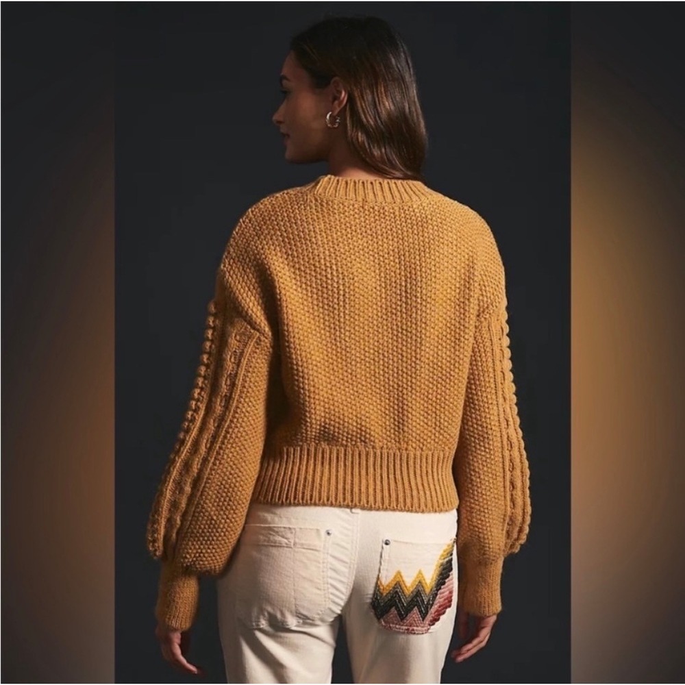 Anthropologie Mustard Yellow Cable Knit Crewneck Sweater XL - Picture 5 of 8